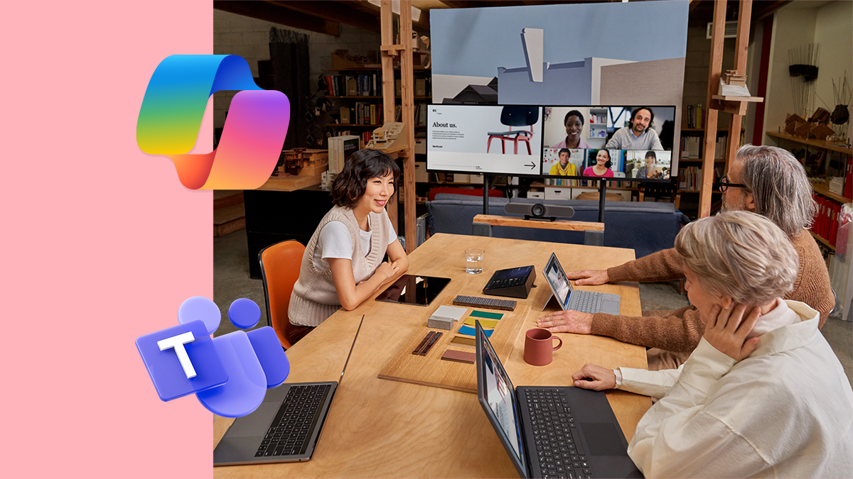 A group of people sitting at a table using laptop computers and Microsoft Teams. Including Microsoft Teams and Copilot logos.