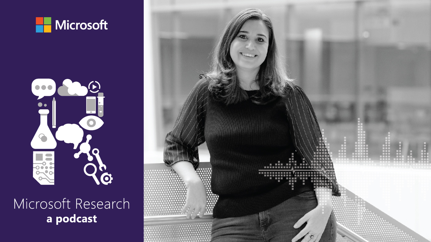 black and white photo of Ece Kamar, Partner Research Manager at Microsoft Research, next to the Microsoft Research Podcast