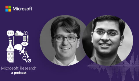 black and white photos of Emre Kiciman, Senior Principal Researcher at Microsoft Research and Amit Sharma, Principal Researcher at Microsoft Reserach, next to the Microsoft Research Podcast
