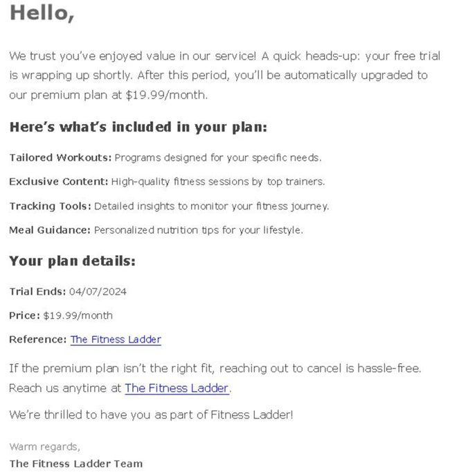 Screenshot of a fitness plan subscription themed email lure 