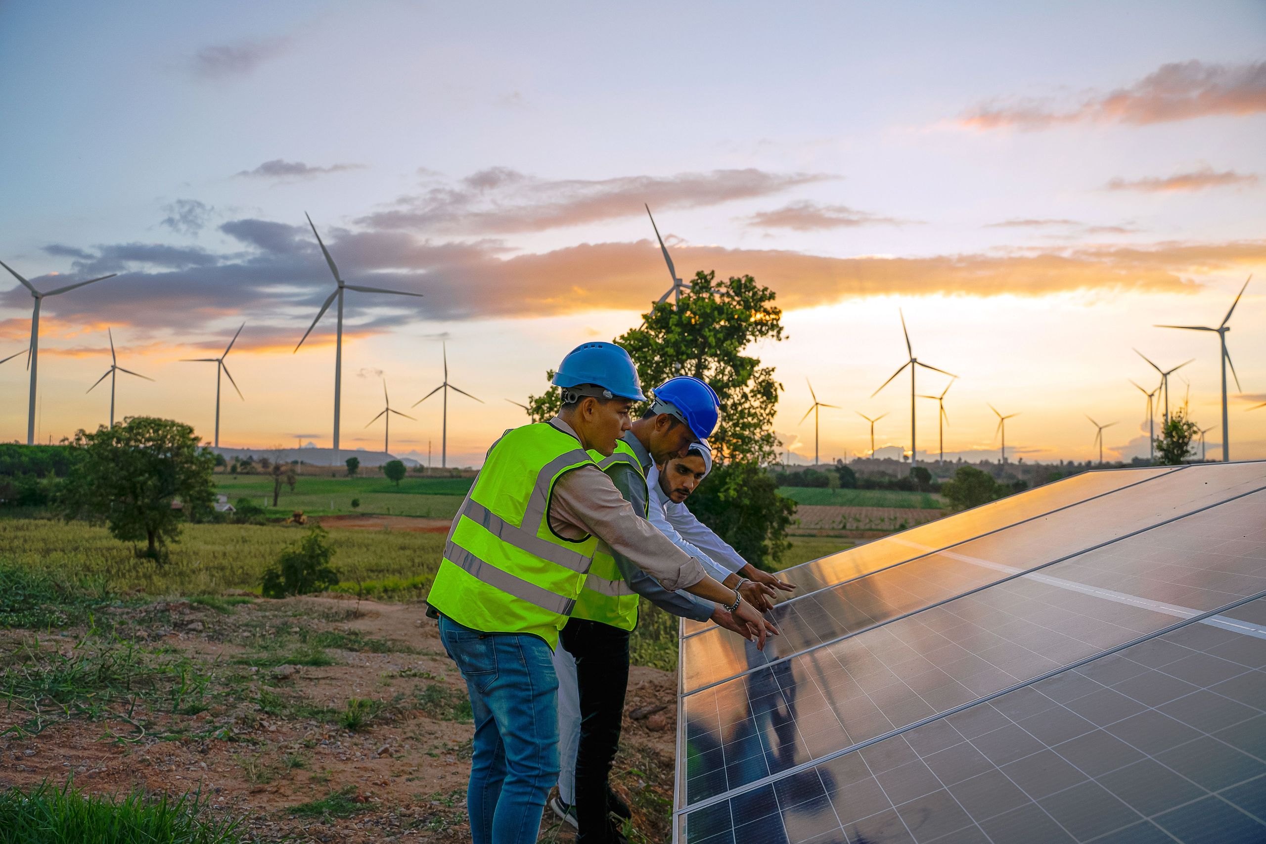 Three workers looking at solar panels in a field.